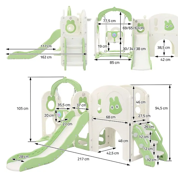 ECD Germany Rutsche - B x L: 217 x 162 cm, Kunststoff, Weiß, Grün - Hellgrüne und cremefarbene Kinder-Spielstruktur aus Kunststoff mit Rutsche, Schaukel und Kletterstufen, detailliert bemaßt.