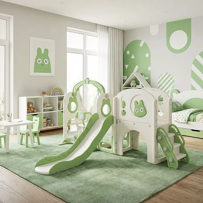 ECD Germany Rutsche - B x L: 217 x 162 cm, Kunststoff, Weiß, Grün - Weiß-grünes Kinderspielset mit Rutsche, Schaukel und Klettergerüst in einem hellen Zimmer mit grünem Teppich.
