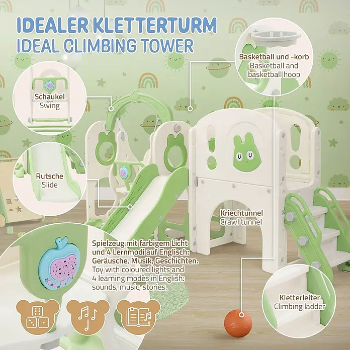 ECD Germany Rutsche - B x L: 217 x 162 cm, Kunststoff, Weiß, Grün - Creme-grüner Kinder-Kletterturm mit Rutsche, Schaukel, Krabbeltunnel, Basketballkorb, Kletterleiter und interaktivem Lernspielzeug.
