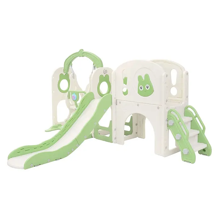 ECD Germany Rutsche - B x L: 217 x 162 cm, Kunststoff, Weiß, Grün - Weiß-grünes Kunststoff-Spielset für Kinder mit Rutsche, Schaukel, Treppe und Froschgesicht-Spielbereich.
