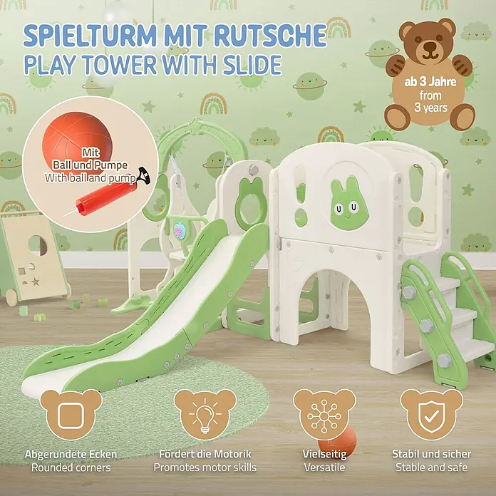 ECD Germany Rutsche - B x L: 217 x 162 cm, Kunststoff, Weiß, Grün - Grün-weißer Spielturm aus Kunststoff für Kinder, mit Rutsche, Schaukel und Klettertreppe.