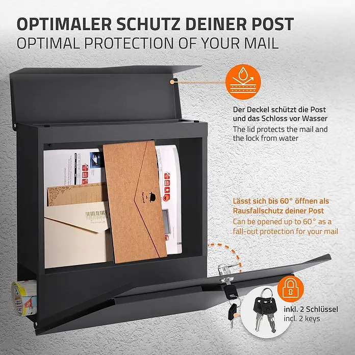 ML-Design Standbriefkasten Briefkastenanlage mit Ständer Silber 120cm Mailbox mit Pfosten - L x B x H: 11 x 42,5 x 120 cm, Anthrazit, Silber, Edelstahl - Dunkelgrauer Metallbriefkasten mit Zeitungsfach und Klappöffnung, schützt Post und enthält 2 Schlüssel.