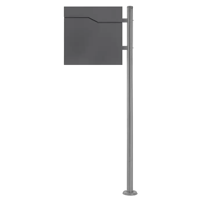 ML-Design Standbriefkasten Briefkastenanlage mit Ständer Silber 120cm Mailbox mit Pfosten - L x B x H: 11 x 42,5 x 120 cm, Anthrazit, Silber, Edelstahl - Dunkelgraues Informationsschild an einer silbernen Metallstange montiert.