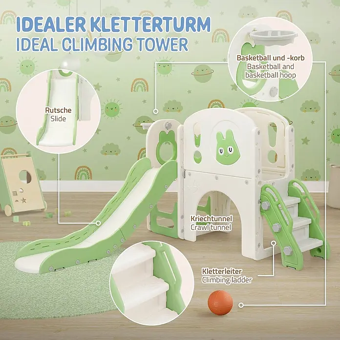 ECD Germany Rutsche - B x L: 134,5 x 162 cm, Kunststoff, Weiß, Grün - Weiß-grüner Kletterturm für Kinder mit Rutsche, Krabbeltunnel, Kletterleiter und Basketballkorb, ideal für drinnen.