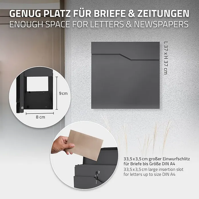 ML-Design Standbriefkasten Briefkastenanlage mit Ständer Silber 120cm Mailbox mit Pfosten - L x B x H: 11 x 42,5 x 120 cm, Anthrazit, Silber, Edelstahl - Dunkelgrauer Wandbriefkasten mit A4-kompatiblem 33,5x3,5 cm Einwurfschlitz und separatem 8x9 cm Zeitungsfach.