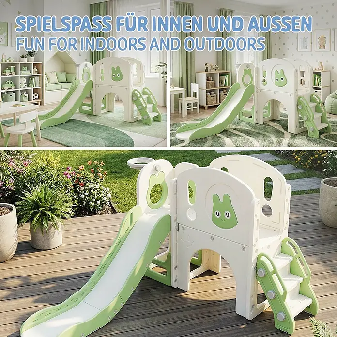 ECD Germany Rutsche - B x L: 134,5 x 162 cm, Kunststoff, Weiß, Grün - Weiß-grünes Kinderspielgerät mit Rutsche und Treppe, für Innen- und Außenbereiche geeignet, in Spielzimmer und auf Terrasse gezeigt.