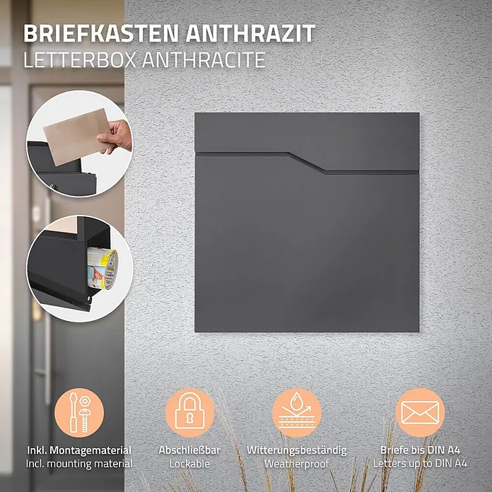 ML-Design Standbriefkasten Briefkastenanlage mit Ständer Silber 120cm Mailbox mit Pfosten - L x B x H: 11 x 42,5 x 120 cm, Anthrazit, Silber, Edelstahl - Anthrazitfarbener Briefkasten an der Wand montiert, hervorgehoben mit Merkmalen wie A4-Kapazität, Abschließbarkeit und Witterungsbeständigkeit.