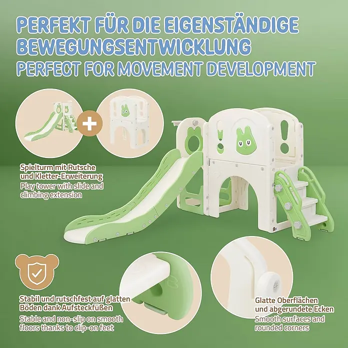ECD Germany Rutsche - B x L: 134,5 x 162 cm, Kunststoff, Weiß, Grün - Grün-weißer modularer Kinderspieltum mit Rutsche und Klettererweiterung, mit stabilen Füßen und abgerundeten Ecken.