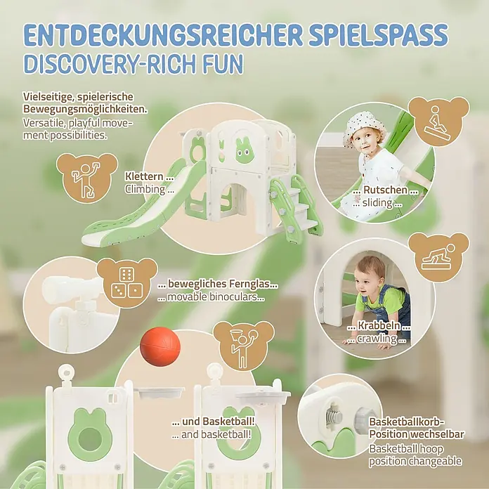 ECD Germany Rutsche - B x L: 134,5 x 162 cm, Kunststoff, Weiß, Grün - Grün-weißes, multifunktionales Kinderspielgerüst mit Rutsche, Krabbeltunnel, beweglichem Fernglas und verstellbarem Basketballkorb.