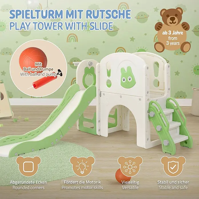 ECD Germany Rutsche - B x L: 134,5 x 162 cm, Kunststoff, Weiß, Grün - Weiß-grüner Spielturm aus Kunststoff mit Rutsche, Treppe und Basketballkorb, für Kinder ab 3 Jahren.
