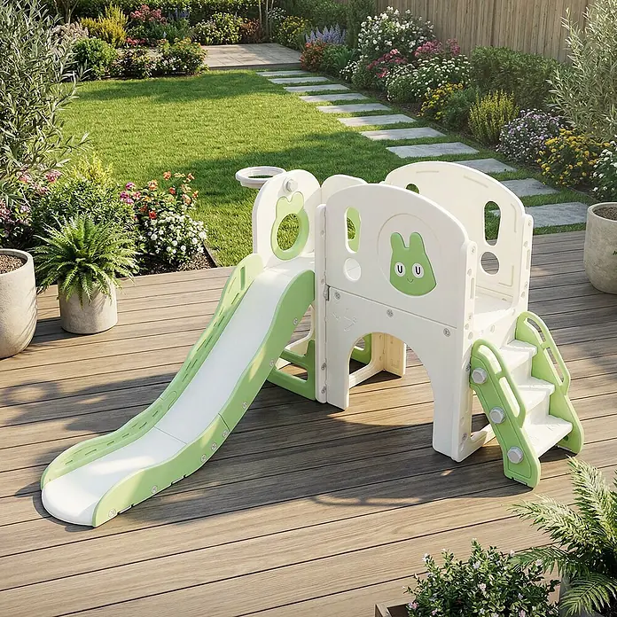 ECD Germany Rutsche - B x L: 134,5 x 162 cm, Kunststoff, Weiß, Grün - Grüne und weiße Kinder-Rutschbahn und Spielstruktur aus Kunststoff mit Hasenmotiv, auf einer Holzterrasse im Garten.