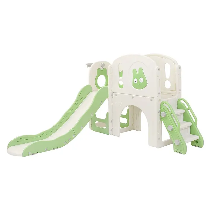 ECD Germany Rutsche - B x L: 134,5 x 162 cm, Kunststoff, Weiß, Grün - Weiß-grüne Kinder-Rutschbahn und Kletterset aus Kunststoff mit Treppe und niedlichem Hasendesign.