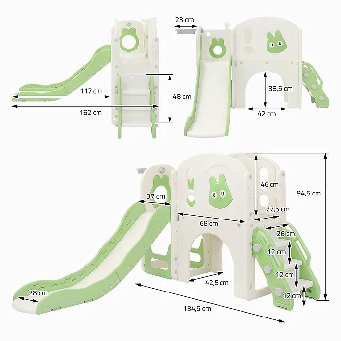 ECD Germany Rutsche - B x L: 134,5 x 162 cm, Kunststoff, Weiß, Grün - Weiß-grüne Kunststoff-Kinderrutsche mit Stufen, Spieltunnel und Basketballkorb.