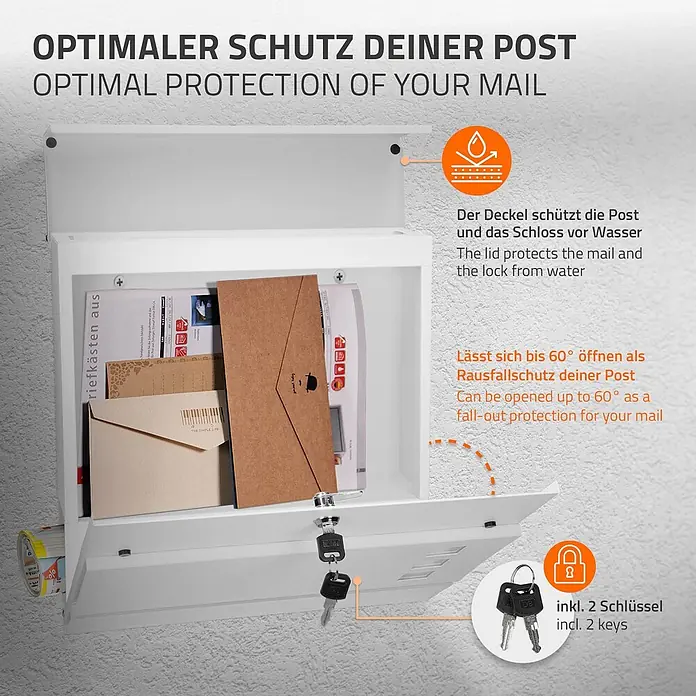 ECD Germany Wandbriefkasten Zeitungsfach inkl. 2 Schlüssel Stahl - L x B x H: 10,5 x 37 x 36,5 cm, Weiß, Stahl, Zeitungsfach - Weißer Briefkasten mit Post, wasserdichtem Deckel, 60°-Öffnung und zwei Schlüsseln.
