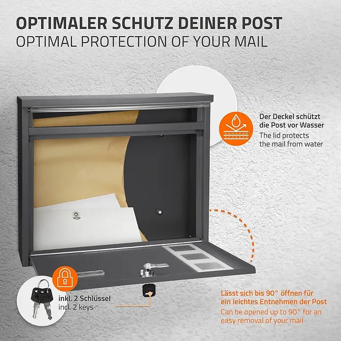 ML-Design Wandbriefkasten Standbriefkasten inkl. 2 Schlüssel Stahl - L x B x H: 11,5 x 36 x 31,5 cm, Anthrazit, Edelstahl, Zeitungsfach - Dunkelgrauer Briefkasten mit Schutzdeckel, geöffnet mit Post innen, inkl. 2 Schlüsseln und 90° Öffnung für einfache Entnahme.