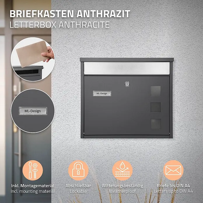 ML-Design Wandbriefkasten Standbriefkasten inkl. 2 Schlüssel Stahl - L x B x H: 11,5 x 36 x 31,5 cm, Anthrazit, Edelstahl, Zeitungsfach - Anthrazitfarbener Briefkasten an einer Wand, abschließbar und wetterfest, passend für DIN A4 Briefe.