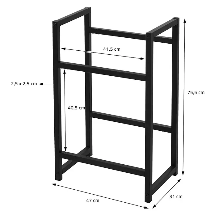 ML-Design Getränkekistenregal 1 x Keramik Waschbecken mit Ablaufgarnitur von ML-Design - Traglast pro Boden: 150 kg, Anzahl Böden: 2 Stk., Stecken, Anthrazit - Schwarzes Metallgestell mit Maßangaben.