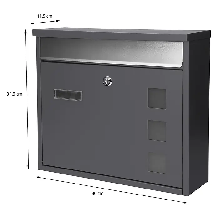 ML-Design Wandbriefkasten Standbriefkasten inkl. 2 Schlüssel Stahl - L x B x H: 11,5 x 36 x 31,5 cm, Anthrazit, Edelstahl, Zeitungsfach - Dunkelgrauer Metallbriefkasten mit silbernem Einwurfschlitz, Schloss und drei transparenten Sichtfenstern.