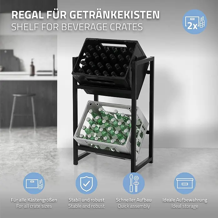 ML-Design Getränkekistenregal 1 x Keramik Waschbecken mit Ablaufgarnitur von ML-Design - Traglast pro Boden: 150 kg, Anzahl Böden: 2 Stk., Stecken, Anthrazit - Schwarzes Metallregal für zwei Getränkekisten, schräg gelagert zum Entnehmen, in moderner Küche.