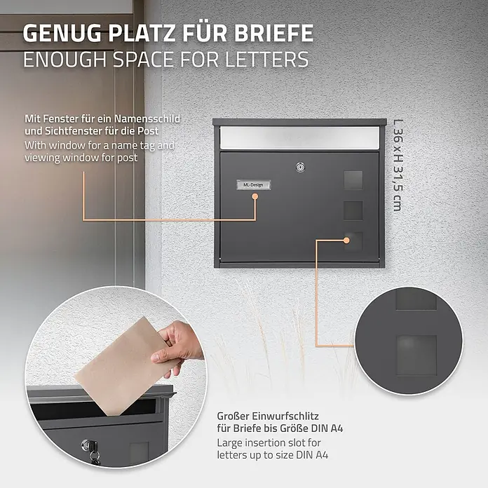 ML-Design Wandbriefkasten Standbriefkasten inkl. 2 Schlüssel Stahl - L x B x H: 11,5 x 36 x 31,5 cm, Anthrazit, Edelstahl, Zeitungsfach - Dunkelgrauer Briefkasten an Wand montiert mit Namensschild- und Sichtfenster, großem Einwurfschlitz für DIN A4 und Maßen L 36 x H 31,5 cm.