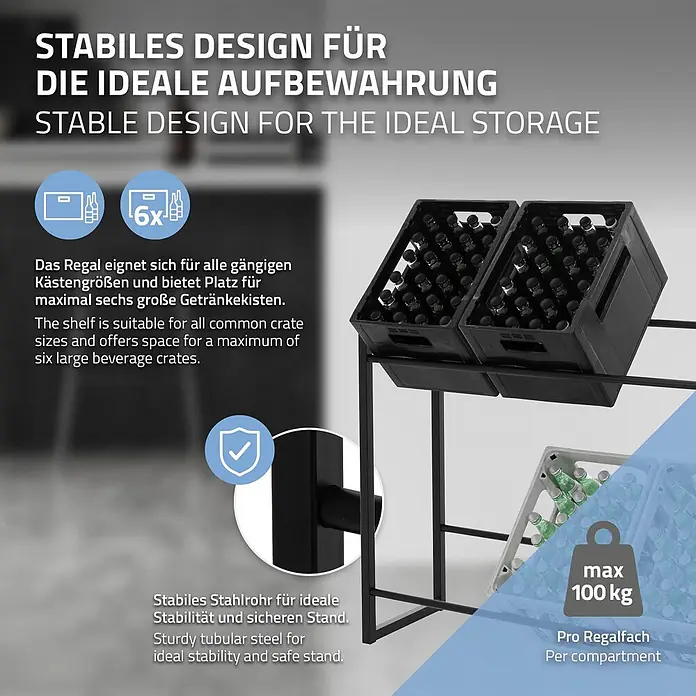 ML-Design Getränkekistenregal Kastenständer für 6 Kisten stabiles Standregal freistehend Stahl - Traglast pro Boden: 150 kg, Anzahl Böden: 8 Stk., Stecken, Anthrazit - Schwarzes Stahlrohr-Regal für bis zu sechs große Getränkekisten, 100 kg Traglast pro Fach. Stabiles Design für optimale Lagerung.