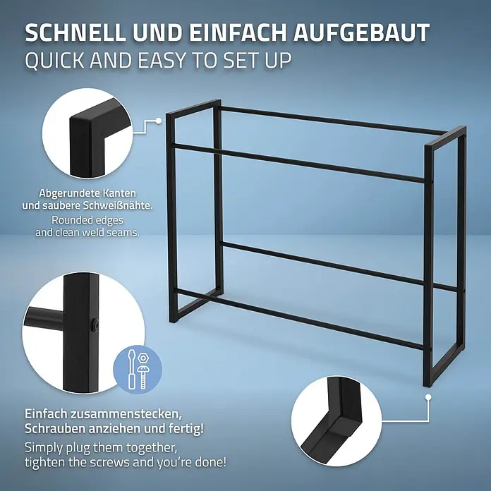 ML-Design Getränkekistenregal Kastenständer für 6 Kisten stabiles Standregal freistehend Stahl - Traglast pro Boden: 150 kg, Anzahl Böden: 8 Stk., Stecken, Anthrazit - Schwarzes Metallgestell mit glatten, abgerundeten Ecken, einfach durch Verschrauben zu montieren.