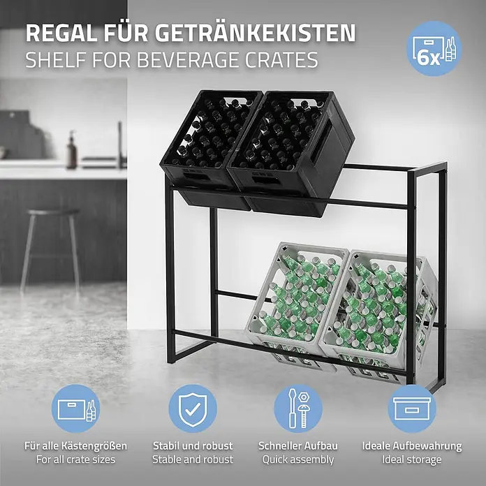 ML-Design Getränkekistenregal Kastenständer für 6 Kisten stabiles Standregal freistehend Stahl - Traglast pro Boden: 150 kg, Anzahl Böden: 8 Stk., Stecken, Anthrazit - Schwarzes Metallregal für vier Getränkekisten, zwei schwarze oben, zwei graue unten, für praktische Lagerung.