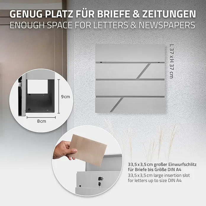 ML-Design Wandbriefkasten Standbriefkasten mit Zeitungsfach inkl. 2 Schlüssel Stahl - L x B x H: 11 x 37 x 37 cm, Hellgrau, Edelstahl, Zeitungsfach - Grauer Briefkasten (37x37cm) mit 33,5x3,5cm Einwurfschlitz und internem Zeitungsfach.