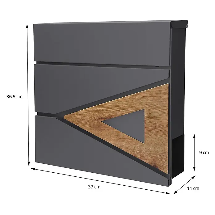 ML-Design Standbriefkasten Briefkastenanlage mit Ständer Anthrazit 170cm Mailbox mit Pfosten - L x B x H: 26 x 37 x 170 cm, Anthrazit, Braun, Edelstahl - Moderne dunkelgraue Briefkasten mit Holzoptik-Schrägelement und dreieckigem Ausschnitt, Maße angezeigt.