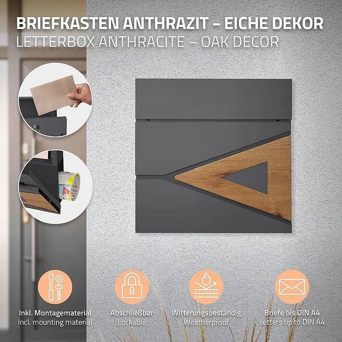 ML-Design Standbriefkasten Briefkastenanlage mit Ständer Anthrazit 170cm Mailbox mit Pfosten - L x B x H: 26 x 37 x 170 cm, Anthrazit, Braun, Edelstahl - Anthrazitfarbener Briefkasten mit Eichendekor, wandmontiert. Zeigt Briefeinwurf, Zeitungsfach und Produktmerkmale.