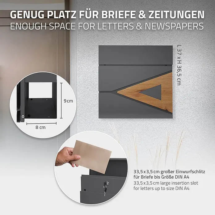 ML-Design Standbriefkasten Briefkastenanlage mit Ständer Anthrazit 170cm Mailbox mit Pfosten - L x B x H: 26 x 37 x 170 cm, Anthrazit, Braun, Edelstahl - Dunkelgrauer Briefkasten mit Holz-Akzent, 37x36,5 cm, mit großem A4-Einwurfschlitz und separatem Zeitungsfach.