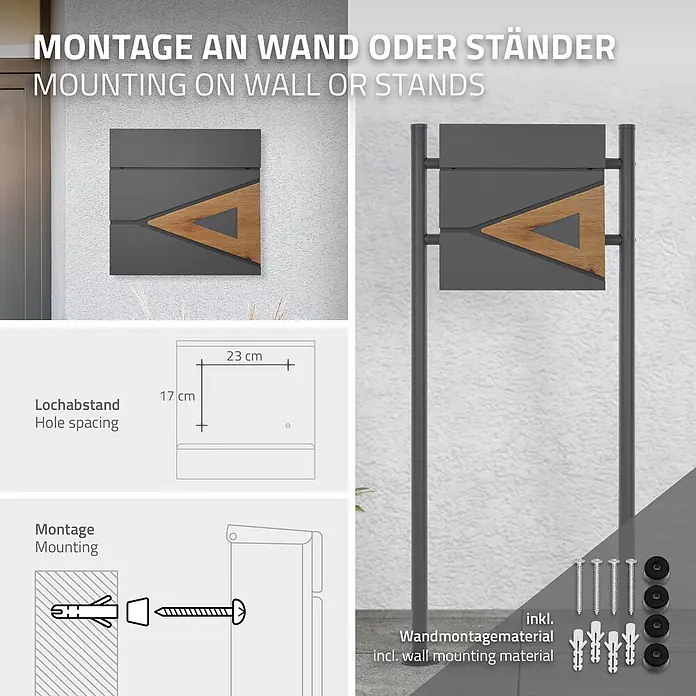 ML-Design Wandbriefkasten Mailbox mit Zeitungsrolle für Wandmontage - L x B x H: 11 x 37 x 36,5 cm, Anthrazit, Braun, Stahl, Zeitungsfach - Dunkelgrauer Briefkasten mit Holzdetail, Wand- und Standmontage gezeigt. Inkl. Montageanleitung, Lochabstand und Material.