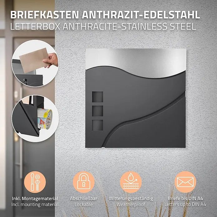 ECD Germany Wandbriefkasten Standbriefkasten mit Zeitungsfach inkl. 2 Schlüssel Stahl - L x B x H: 10,5 x 37 x 36,5 cm, Anthrazit, Silber, Edelstahl, Zeitungsfach - Anthrazit-Edelstahl-Briefkasten an einer Wand, mit elegantem Wellendesign und praktischem Post-/Zeitungszugang.