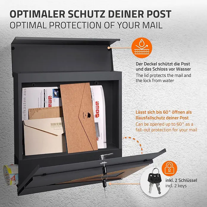 ML-Design Standbriefkasten Briefkastenanlage mit Ständer Anthrazit 170cm Mailbox mit Pfosten - L x B x H: 26 x 37 x 170 cm, Anthrazit, Braun, Edelstahl - Dunkelgrauer Briefkasten mit wasserdichtem Deckel und Fronttür, die sich zum Postschutz um 60° öffnet. Inklusive zwei Schlüsseln.