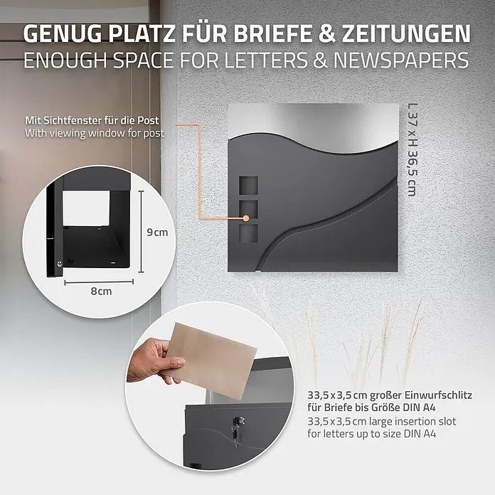 ECD Germany Wandbriefkasten Standbriefkasten mit Zeitungsfach inkl. 2 Schlüssel Stahl - L x B x H: 10,5 x 37 x 36,5 cm, Anthrazit, Silber, Edelstahl, Zeitungsfach - Dunkelgrauer Briefkasten mit Sichtfenster, großem Einwurfschlitz und Zeitungsfach.