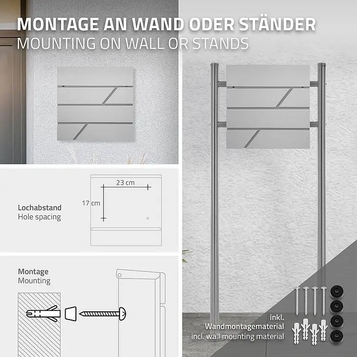 ML-Design Wandbriefkasten Standbriefkasten mit Zeitungsfach inkl. 2 Schlüssel Stahl - L x B x H: 11 x 37 x 37 cm, Hellgrau, Edelstahl, Zeitungsfach - Grauer Metall-Briefkasten zur Wand- oder Ständermontage, mit Lochabstand (17x23cm) und inkl. Wandmontagematerial.