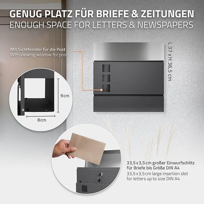 ECD Germany Wandbriefkasten Zeitungsfach inkl. 2 Schlüssel Stahl - L x B x H: 37 x 10,5 x 36,5 cm, Anthrazit, Silber, Metall, Zeitungsfach - Dunkelgrauer und silberner Briefkasten mit Sichtfenster und großem Einwurfschlitz für Briefe und Zeitungen. Maße L37xH36.5cm.