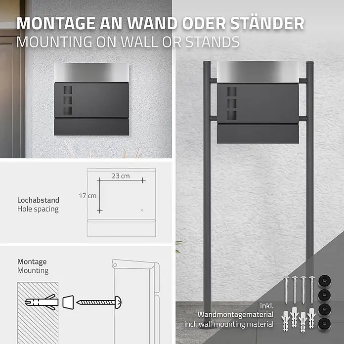 ECD Germany Wandbriefkasten Zeitungsfach inkl. 2 Schlüssel Stahl - L x B x H: 37 x 10,5 x 36,5 cm, Anthrazit, Silber, Metall, Zeitungsfach - Moderner dunkelgrauer Briefkasten mit silbernem Akzent, an Wand und Ständer montiert gezeigt, mit Bohrlochabstand und Wandmontagematerial.
