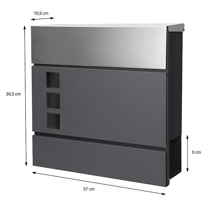 ECD Germany Wandbriefkasten Zeitungsfach inkl. 2 Schlüssel Stahl - L x B x H: 37 x 10,5 x 36,5 cm, Anthrazit, Silber, Metall, Zeitungsfach - Moderner dunkelgrauer und silberner Briefkasten mit Zeitungsrolle, 36,5 cm hoch, 37 cm breit, 10,5 cm tief.