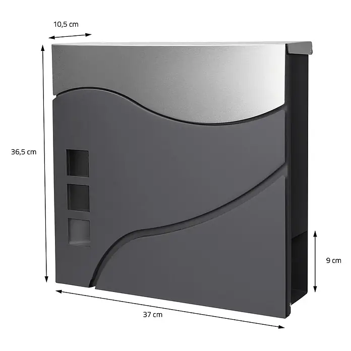 ECD Germany Wandbriefkasten Standbriefkasten mit Zeitungsfach inkl. 2 Schlüssel Stahl - L x B x H: 10,5 x 37 x 36,5 cm, Anthrazit, Silber, Edelstahl, Zeitungsfach - Dunkelgrauer Briefkasten mit silbergrauem Oberteil und wellenförmigem Design. Drei quadratische Ausschnitte an der linken Seite.