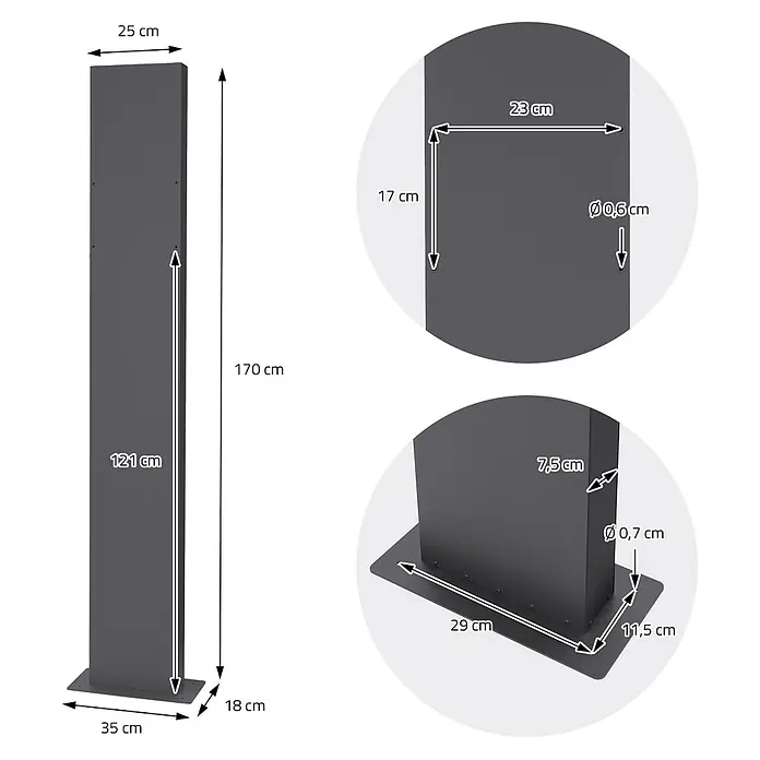 ML-Design Standbriefkasten Anthrazit Höhe 170 cm Freistehend Halterung für Briefkasten - L x B x H: 35 x 18 x 170 cm, Anthrazit, Metall - Dunkelgraue rechteckige Säule/Pfosten mit stabiler Basis, detaillierte Abmessungen von Höhe, Breite und Grundplatte sind sichtbar.