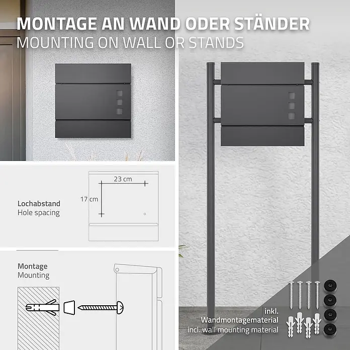 ECD Germany Wandbriefkasten Standbriefkasten mit Zeitungsfach inkl. 2 Schlüssel Stahl - L x B x H: 37 x 10,5 x 36,5 cm, Anthrazit, Metall, Zeitungsfach - Dunkelgrauer Briefkasten mit Wand- und Ständermontageoptionen. Zeigt Lochabstandsmaße (23x17 cm) und Wandbefestigungsmaterial.