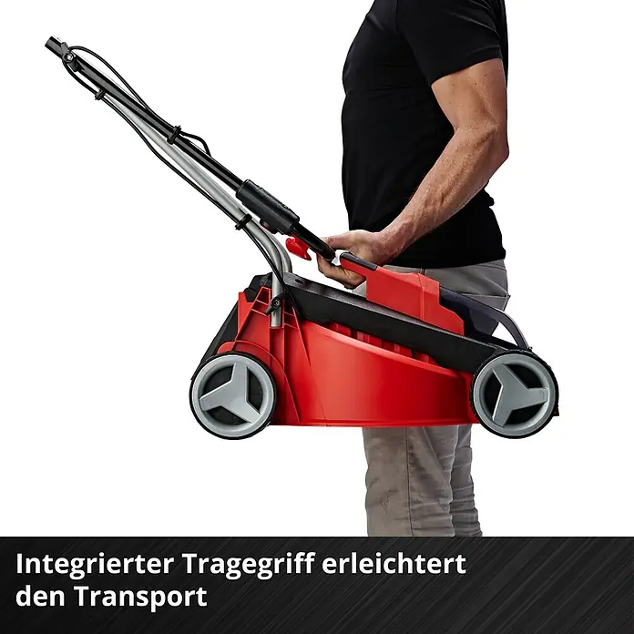 Einhell Power X-Change 18V Akku-Rasenmäher GE-CM 18/30 Li-Solo - 18 V, Li-Ionen, Ohne Akku, Schnittbreite: 30 cm - Person trägt roten und schwarzen Rasenmäher am integrierten Griff, was den Transport erleichtert.