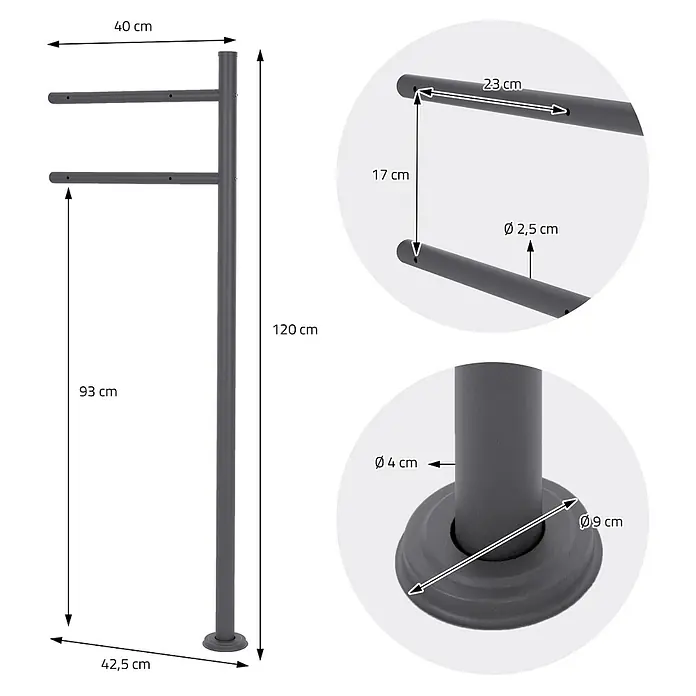 ML-Design Standbriefkasten Anthrazit rund Höhe 120 cm Freistehend Halterung für Briefkasten - L x B x H: 9 x 42,5 x 120 cm, Anthrazit, Edelstahl - Dunkelgrauer Handtuchständer aus Metall mit zwei Stangen, 120 cm hoch, 40 cm breit, mit 9 cm Sockeldurchmesser.