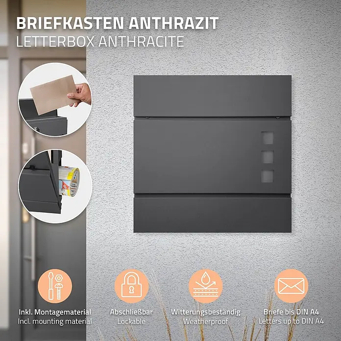 ECD Germany Wandbriefkasten Standbriefkasten mit Zeitungsfach inkl. 2 Schlüssel Stahl - L x B x H: 37 x 10,5 x 36,5 cm, Anthrazit, Metall, Zeitungsfach - Anthrazitfarbener Briefkasten an strukturierter Wand, mit Briefschlitz, Zeitungsfach, abschließbar und wetterbeständig für DIN A4 Briefe.