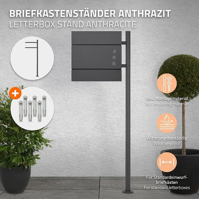 ML-Design Standbriefkasten Anthrazit rund Höhe 120 cm Freistehend Halterung für Briefkasten - L x B x H: 9 x 42,5 x 120 cm, Anthrazit, Edelstahl - Ein anthrazitfarbener Briefkastenständer mit Montagematerial, wetterfest und passend für Standardbriefkästen.