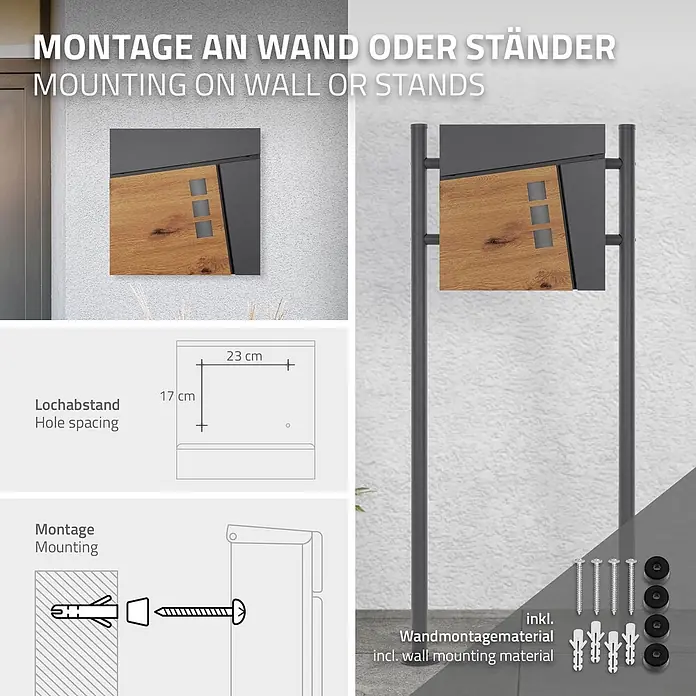 ML-Design Wandbriefkasten Mailbox Wandbriefkasten mit Zeitungsrolle für Wandmontage - L x B x H: 37 x 11 x 37 cm, Anthrazit, Braun, Metall, Zeitungsfach - Dunkelgrauer Briefkasten mit Holzfront, an Wand und Ständer montiert gezeigt. Inklusive Montageanleitungen und Material.