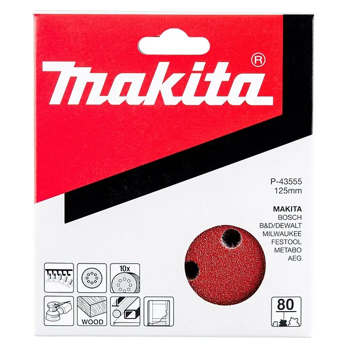 Makita Haftschleifscheiben - Durchmesser: 125 mm, 80, 10 Stk. - Makita P-43555 125mm Schleifscheiben-Verpackung, zeigt eine rote 80er-Korn Schleifscheibe und kompatible Marken für Holz.