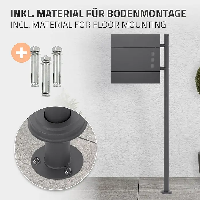 ML-Design Standbriefkasten Anthrazit rund Höhe 120 cm Freistehend Halterung für Briefkasten - L x B x H: 9 x 42,5 x 120 cm, Anthrazit, Edelstahl - Dunkelgrauer Briefkasten mit Ständer, zeigt Bodenmontagesockel und beiliegende Ankerbolzen.