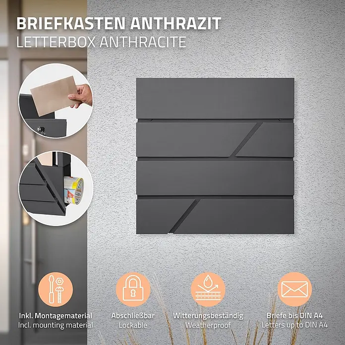 ML-Design Wandbriefkasten Standbriefkasten mit Zeitungsfach inkl. 2 Schlüssel Stahl - L x B x H: 11 x 37 x 37 cm, Anthrazit, Edelstahl, Zeitungsfach - Anthrazitfarbener Wandbriefkasten mit Briefeinwurf und Zeitungsfach, abschließbar und wetterfest.